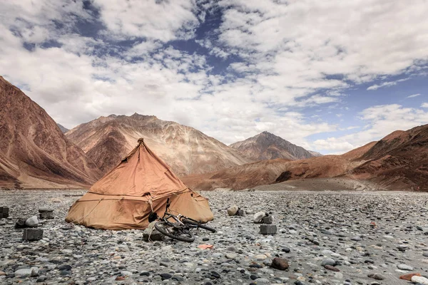 A lone canvas tent in Nubra Valley