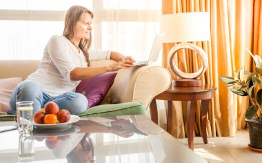 oturma odasında kanepede otururken dizüstü bilgisayarda çalışan olgun çekici kadın