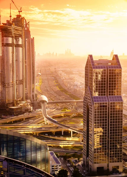 Fågelperspektiv Dubai Skyline Och Rusningstid Trafik Centrum — Stockfoto