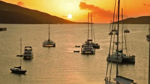 Iates Catamarãs Uma Baía Tranquila Pôr Sol — Vídeo de Stock