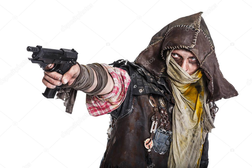 post apocalypse survivor aiming a gun
