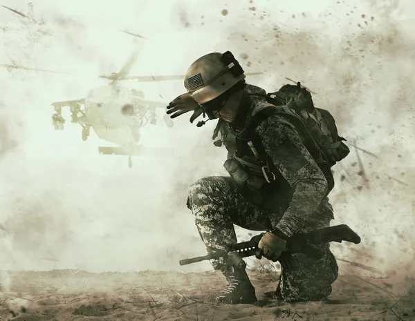 Soldat américain et hélicoptère de combat approchant — Photo