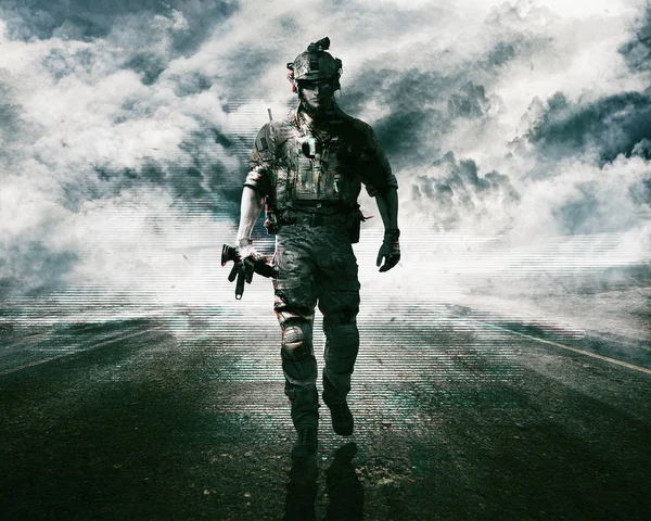 Army soldier on the road — Stock Photo, Image