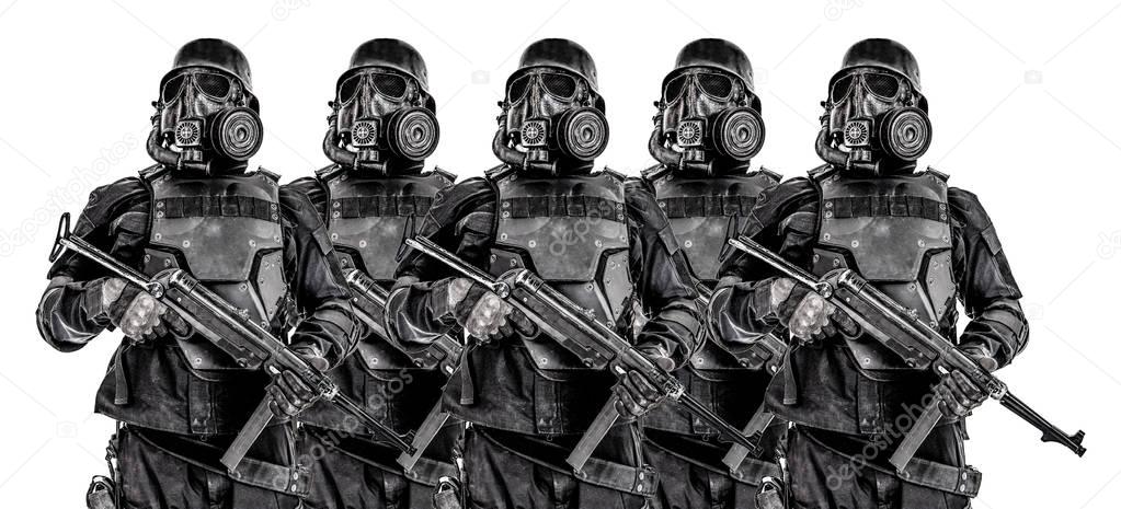 Squad of futuristic nazi soldiers iron line