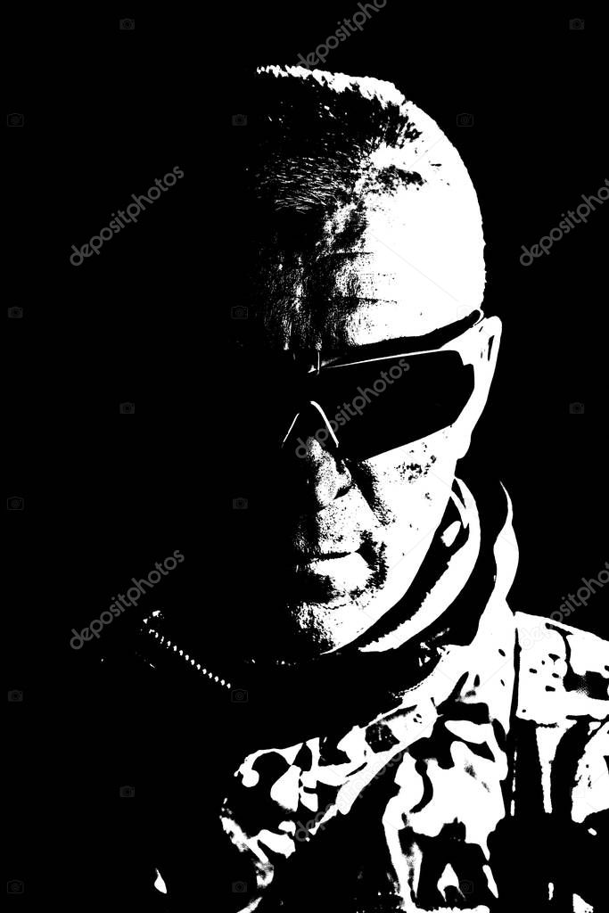 Elderly commando fighter studio portrait on black