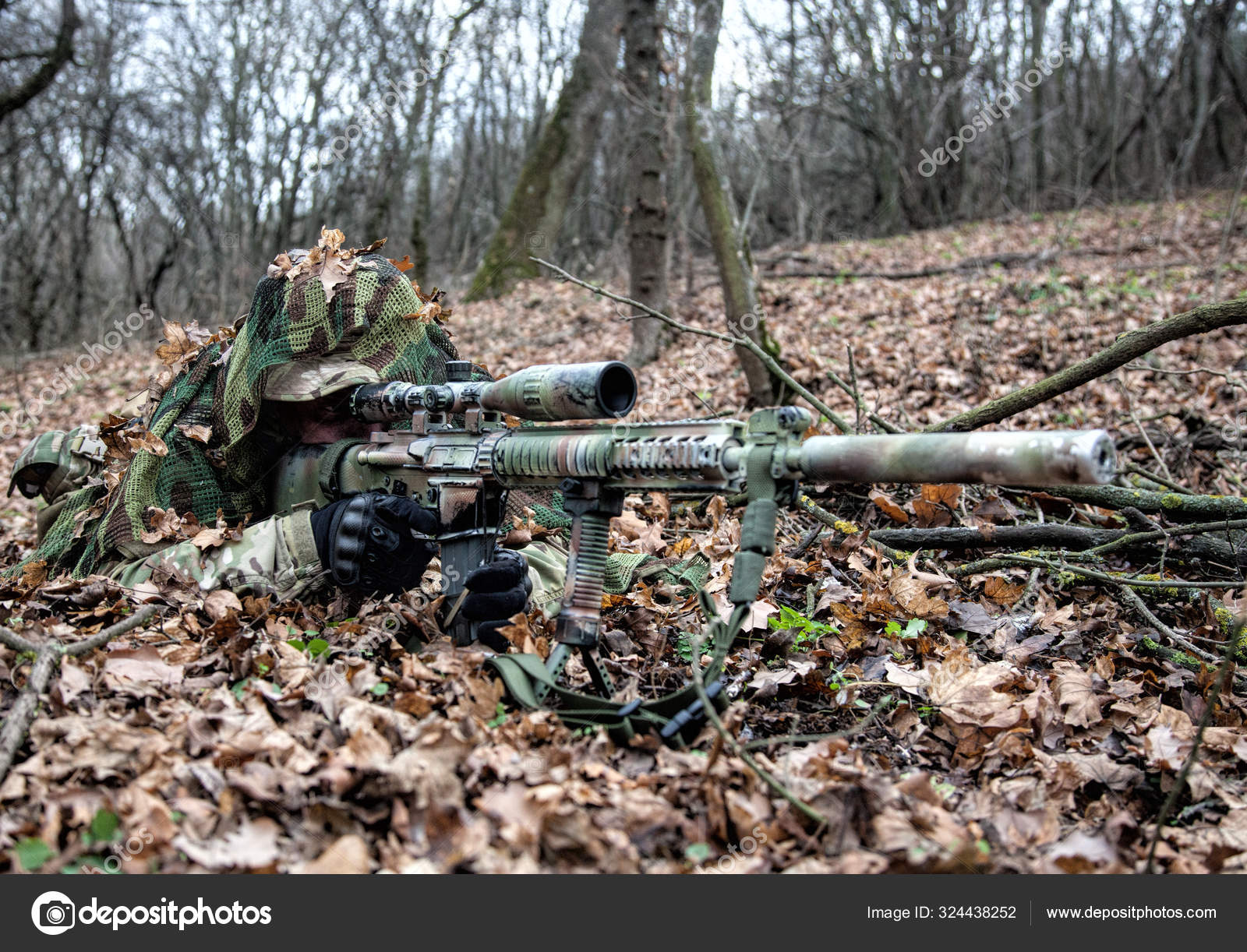 Camouflaged Sniper in the Forest Stock Image - Image of enemy