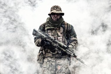 Brutal commando veteran army soldier armed sniper rifle