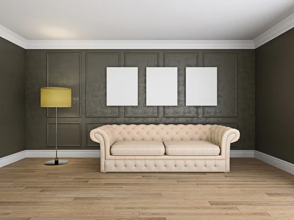 Sofa i ramki w renderingu 3d Pokój — Zdjęcie stockowe