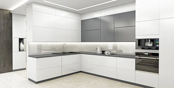 现代轻型厨房的内部3D渲染 — 图库照片