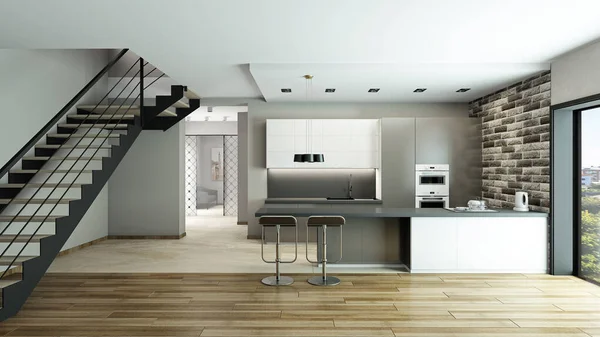 Interior Cozinha Moderna Luz Renderização — Fotografia de Stock