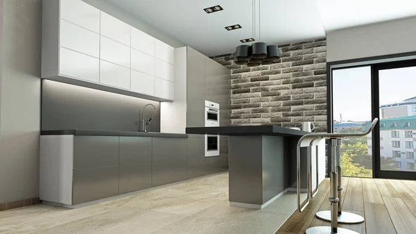 现代轻型厨房的内部3D渲染 图库照片