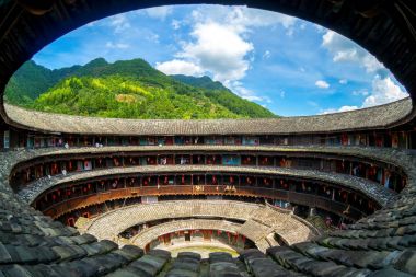 fujian tulou (hakka cezaevi) balık gözü lens ile havadan görünümü