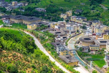 fujian, Çin Nanxi Tulou kümesinin havadan görünümü