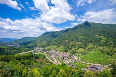 fujian, Çin Nanxi Tulou kümesinin havadan görünümü