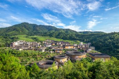 fujian, Çin Chuxi Tulou kümesinin havadan görünümü