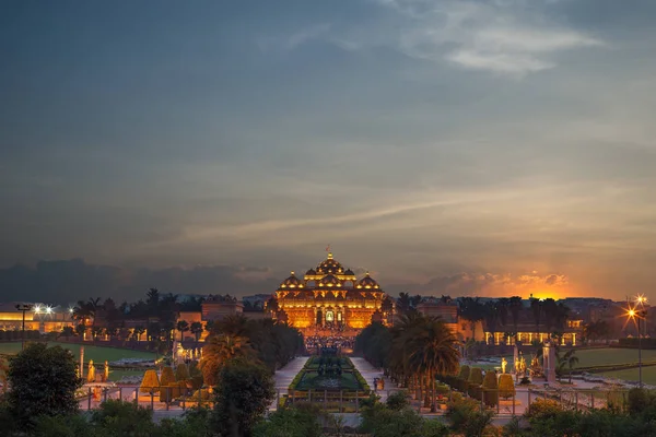 Vista Nocturna Del Templo Akshardham Delhi India —  Fotos de Stock