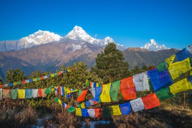Annapurna tepesi ve dua bayrağı vajina tepesinde, Nepal