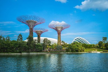 Singapore, Singapore - February 6, 2020: Scenery of Gardens by the Bay with Flower Dome, Cloud Forest, and Supertree Grove at the marina bay at night