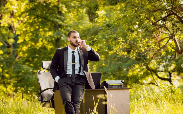 Genç buisnessman Park'ta çalışma sakallı. Uzak iş kavramı.