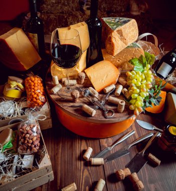 Güzel ve zengin kompozisyon çeşitli peynir ve şarap ile fındık ve üzüm ile