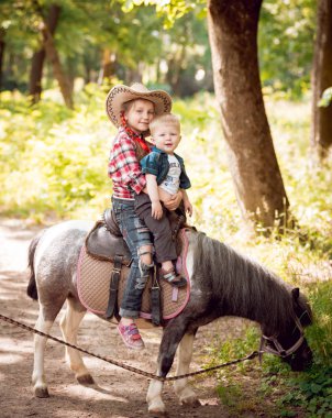 Küçük kız ve at binme erkek kardeşi yeşil park midilli