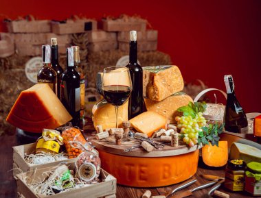 Güzel ve zengin kompozisyon çeşitli peynir ve şarap ile fındık ve üzüm ile