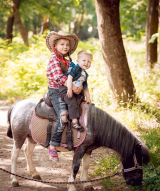 Küçük kız ve at binme erkek kardeşi yeşil park midilli