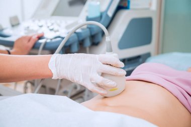 Ultrason tarayıcı bir doktor elinde. Tanılama. Ultrason.