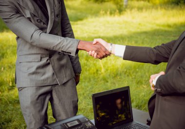 Parkta iş adlı iki genç çok kültürlü businessmans. Uzak iş kavramı.