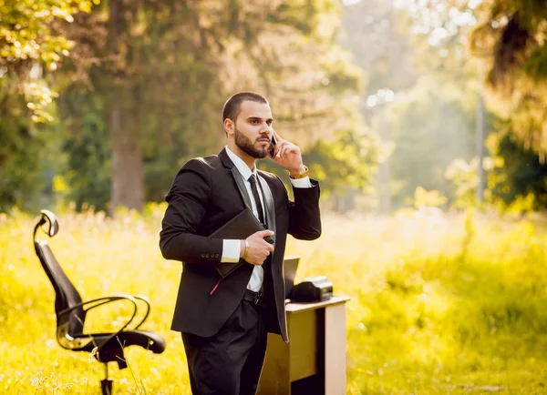 Joven Buisnessman Con Barba Trabajando Parque Concepto Trabajo Remoto — Foto de Stock