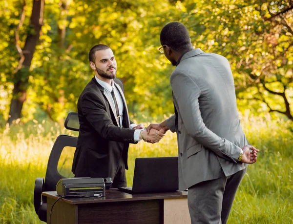 Dos Jóvenes Empresarios Multiculturales Trabajando Parque Concepto Trabajo Remoto —  Fotos de Stock