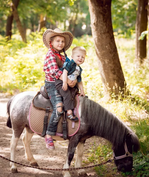 Κοριτσάκι Και Μικρότερος Αδερφός Της Ιππασίας Πόνι Καταπράσινο Πάρκο — Φωτογραφία Αρχείου