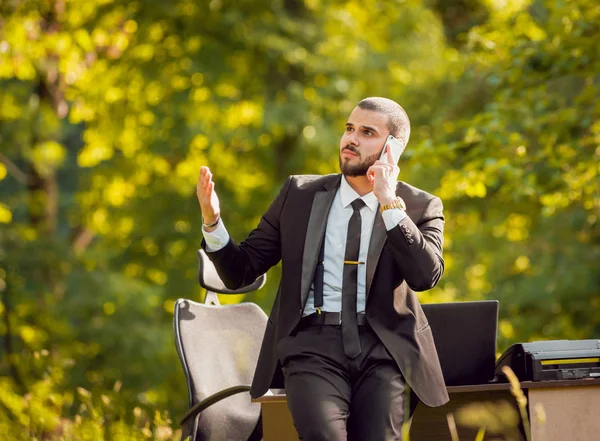 Genç buisnessman Park'ta çalışma sakallı. Uzak iş kavramı.