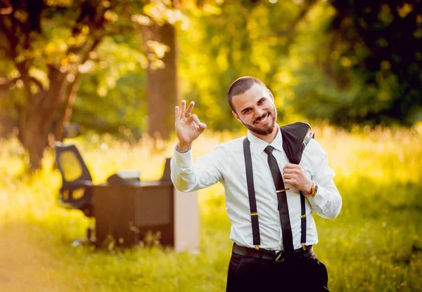 Joven Buisnessman Con Barba Trabajando Parque Concepto Trabajo Remoto — Foto de Stock