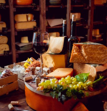 Güzel ve zengin kompozisyon çeşitli peynir ve şarap ile fındık ve üzüm ile