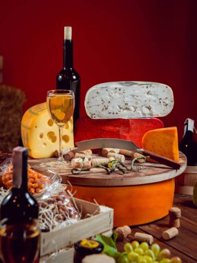 Güzel ve zengin kompozisyon çeşitli peynir ve şarap ile fındık ve üzüm ile