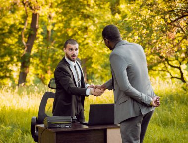 Parkta iş adlı iki genç çok kültürlü businessmans. Uzak iş kavramı.