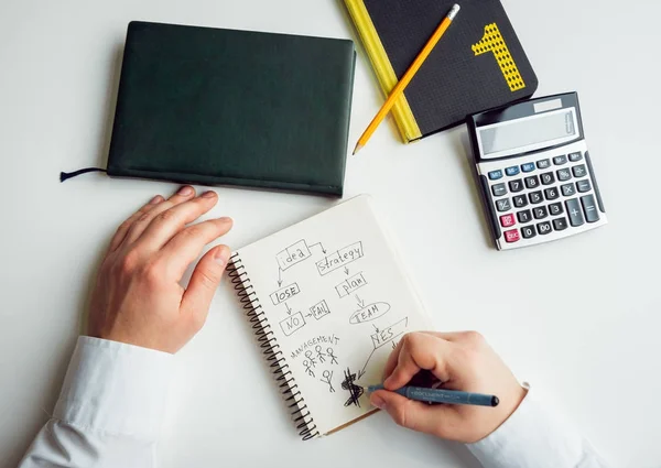 Businessman Draws Plan Notebook — Stock Photo, Image