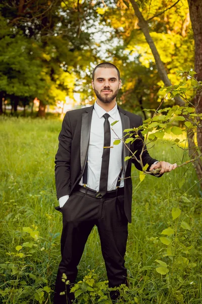 Junger Bärtiger Mann Schwarzen Anzug Mit Krawatte Park Baum — Stockfoto