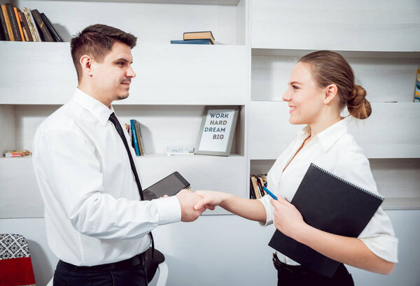 Woman adviser handshaking with businessman in office