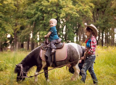 Küçük kız ve at binme erkek kardeşi yeşil park midilli