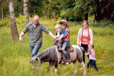 Midilli atı Park ile neşeli aile yürür