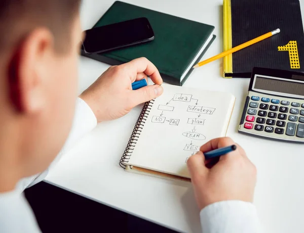 Businessman Draws Plan Notebook — Stock Photo, Image