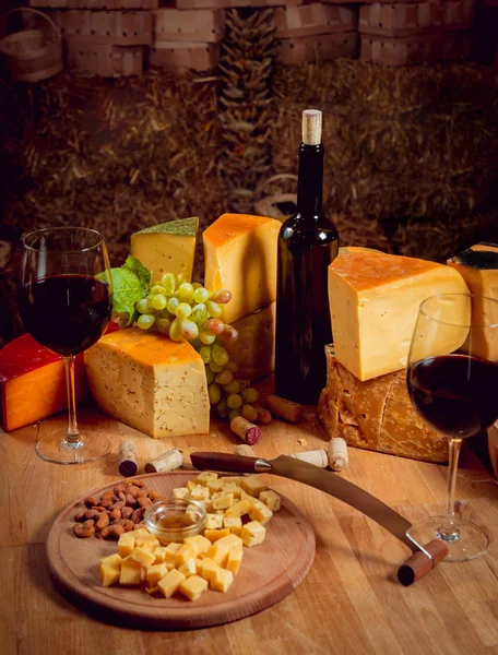 Hermosa Rica Composición Con Quesos Variados Vino Con Frutos Secos — Foto de Stock