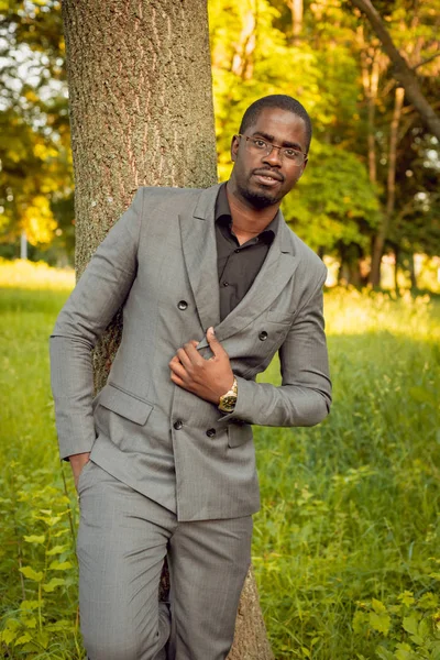 Молодий Африканський Чоловік Сірому Костюмі Парку Біля Дерева — стокове фото