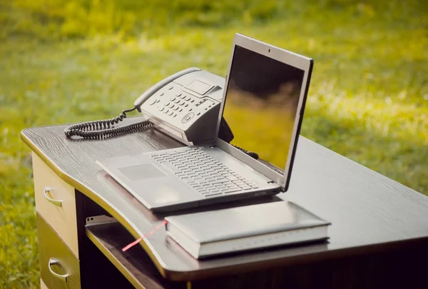 Laptopa Telefon Notebooke Stole Parku Koncepcja Pracy Zdalnej — Zdjęcie stockowe