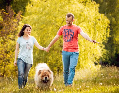 Parkta yürüyüş ve iyi vakit geçiriyorlardı onların köpek uyumak ile genç Çift