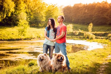 Genç çift ile onların köpekleri uyumak parkta yürüyüş ve having fun