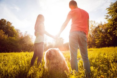 Parkta yürüyüş ve iyi vakit geçiriyorlardı onların köpek uyumak ile genç Çift