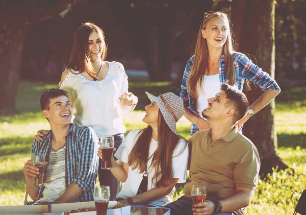 Vrolijke Vrienden Picknick Het Park Glimlachend Praten — Stockfoto